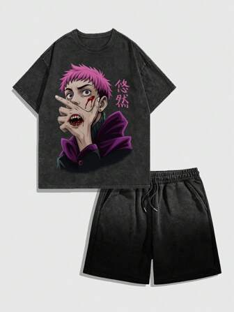 Anime Men's Summer Casual Character Printed Japan Style T-Shirt And Shorts Set