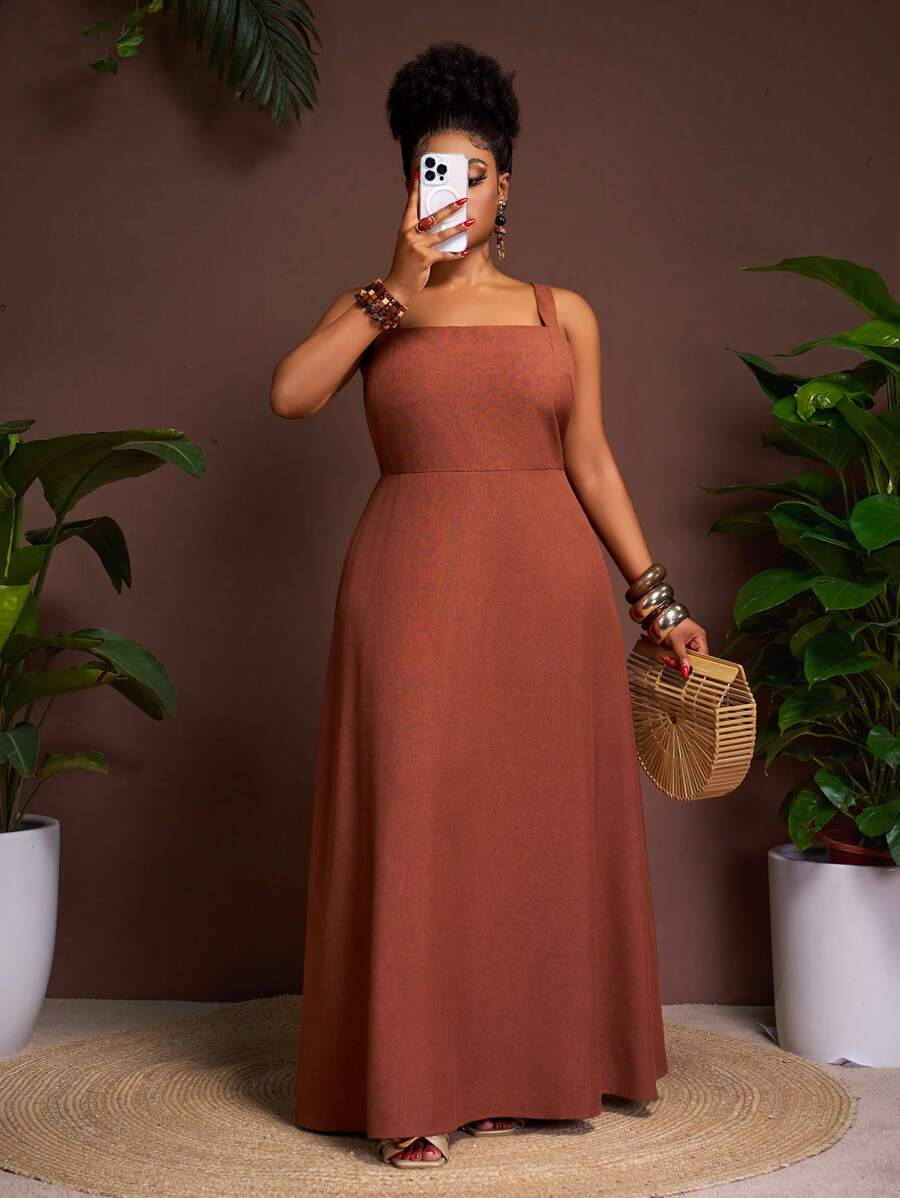 Slaydiva Spring/Summer Vacation Casual Fitted Sling Cinched Waist A-Line Brown Woven Fabric Plus Size Dress For Women - Brown - View 1