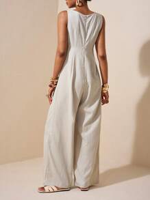 Zivah 海滩新款春夏度假背心式V领前中分纽扣装饰开襟阔腿宽松加长纹理面料女连体裤 - 杏色 - 查看 2