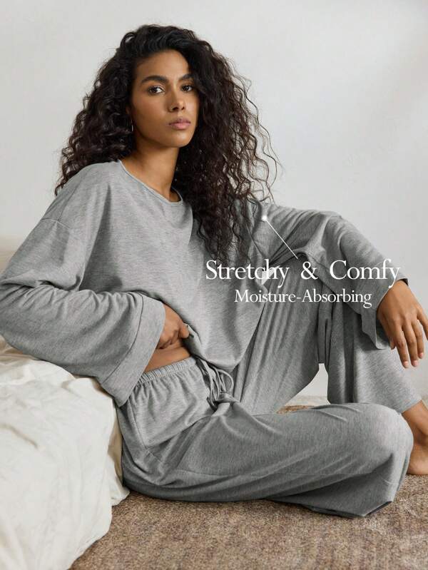 Ocili Leisure 2pcs/Set Women Bamboo Nodes Casual Round Neck Long Sleeve Top & Pants Home Pajama Set, Comfortable & Soft Summer Holiday Season Outfit