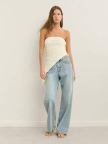 Nöista Asymmetrical Hem Draped Silhouette Textured Waffle Fabric Strapless Neckline Top; Lightweight Breathable Design Perfect For Beach For Women, For Women, And Casual Pride Celebration Looks; Versatile Summer Essential.