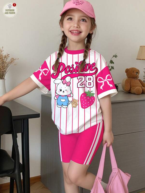 Young Girl Casual Simple Chic Fashion Sporty Jersey Style, Adorable Cartoon Rabbit, Strawberry, Bow Tie, Number 28, Positive English Print, Pink, Back To School/Graduation Season, Preppy Style, Short Sleeve Top And Shorts 2-Piece Outfit, Suitable For Summer