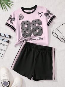 SHEIN Leap Crew Tween Girl 2pcs Set Sweet Bow, English Number 86 & Lace Printed Short Sleeve Top And Shorts, Casual Minimalist Style, Suitable For Summer - Multicolor - View 2