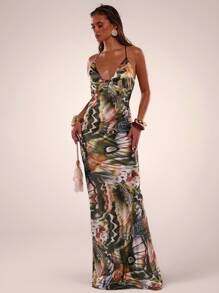 SHEIN BAE Women's Backless Hanging Neck Extra Long Dress,Olive Green,Summer,70s Retro,Party,Vacation,Full Print Butterfly Orchid Ornaments Bohemian Style - Pink - View 4