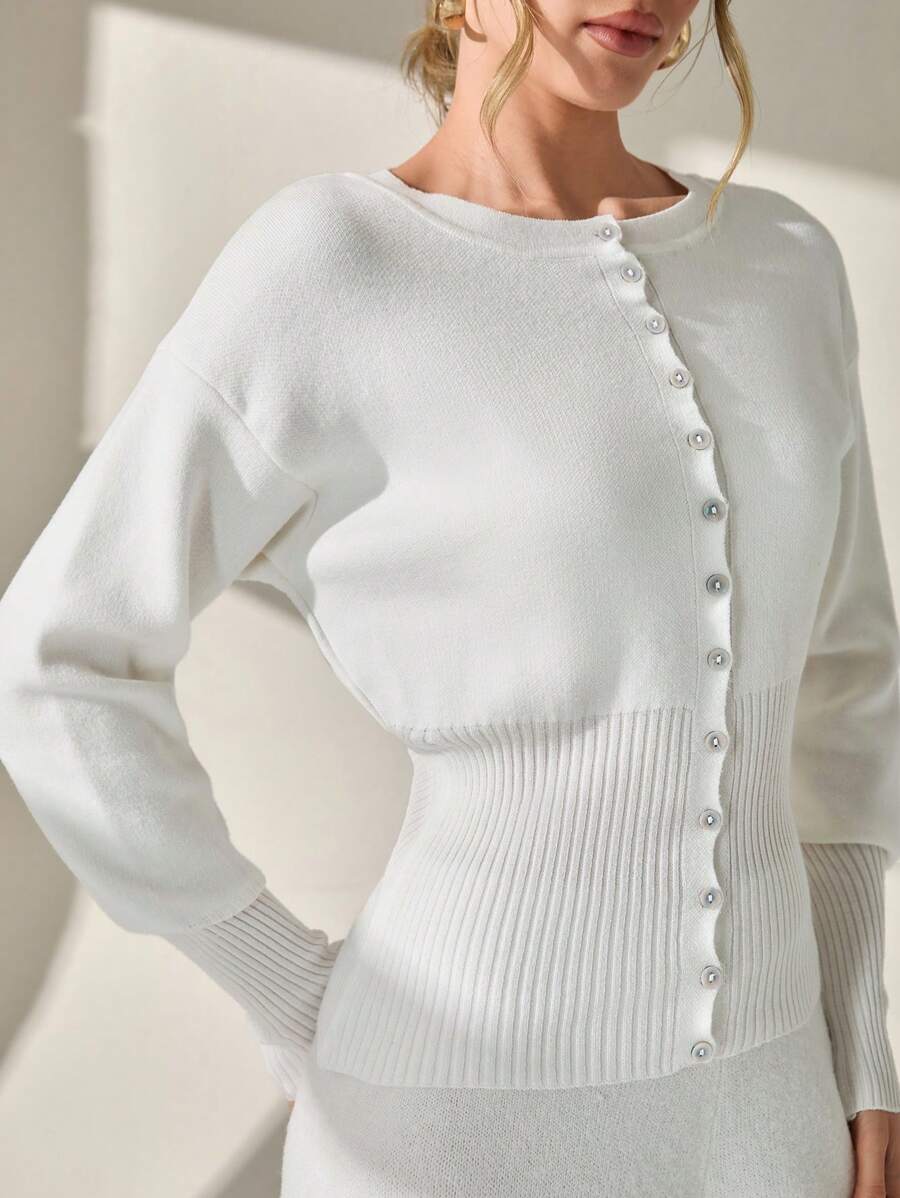 CLARA VERO Structured Corsman Yarn Knit Cardigan With Ruffled Button-Up Front And Ribbed Waist In Winter White White Button Down Sweater,Cardigans For Women,Long Cardigans Woman,Petite Cardigans,Cardigans - White - View 1