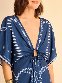 CAJUNI Women's Resort Casual Boho Navy Blue & Floral Print V-Neck Batwing Sleeve Adjustable Waist Tie Vacation Style Short Dress