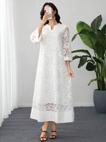 SHEIN Lacomfia فستان أبيض بتصميم الأكمام الواسعة والرقبة الرسمية مزخرف بالكشكشة والزهور من الدانتيل