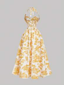SHEIN MOD Women's Romantic Floral Print Halter Mid-Length Dress - Yellow - View 2