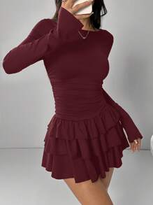 SHEIN EZwear 女士优雅酒红色荷叶边下摆长袖连衣裙