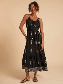 Travachic Women's Holiday Plant Print Ruffle Hem Spaghetti Strap Dress,Fall Women Clothes,Autumn Clothes,Fall Dresses For Women ,Fall Outfits Women,Fall Outfits, Modest Dresses For Women,Old Money Style Women