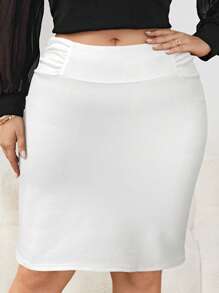 SHEIN Tall CURVE 大码简约纯色百褶修身半身裙，适合上班穿着 - 白色 - 查看 3