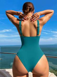 Swim Vcay 1pc Striped Special Fabric Crossed Chest One-Piece Swimsuit For Summer Beach Vacation - Dark Green - View 2
