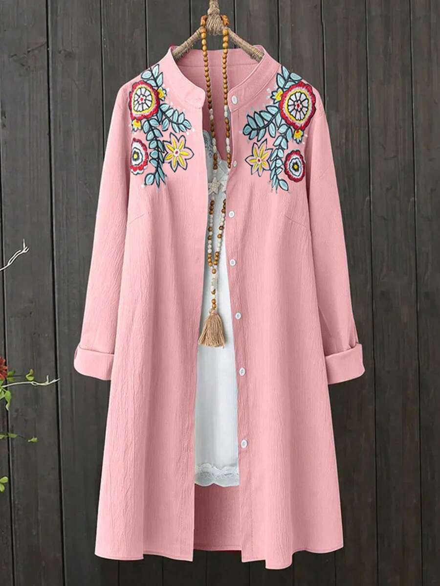 大码女装春秋新款中长款刺绣衬衫