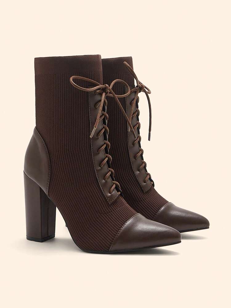 CUCCOO BASICS Coffee Color Pointed Toe Chunky Heel Elastic Fashionable Mid-Calf Boots, Elegant For Commuting, Going Out, Party, Women For Christmas Spring Shoes