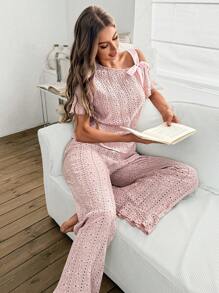 SHEIN 女士休闲不对称肩带蝴蝶结纹理印花短袖家居服套装