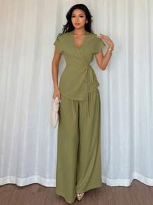 Selianne 女装夏季优雅波西米亚裹身式蝙蝠袖衬衫+阔腿宽松裤两件套，杏色，适合外出约会度假 - 綠色 - 查看 3