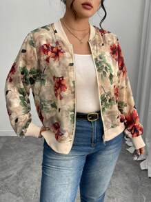 Elenzga Women's Plus Size Apricot Floral Bomber Jacket, Featuring A Casual Baseball Collar, Zipper Closure, And Long Sleeves In A Lightweight Woven Fabric, Perfect Short Outerwear. Fall Winter Cloth For Women Autumn - Apricot - View 1