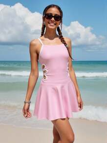 SHEIN 2 件青少年女孩单色拼接镂空分体泳衣套装，含中长肩带泳衣和泳裤