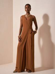 Zivah 20  Summer New Arrivals Music Festival Graduation Style Casual Linen Blend V-Neck Sleeveless Wrap Belt Pocket Wide Leg Jumpsuit - Brown Texture/ V Neck Jumpsuit/ Elegant Jumpsuit/ Brown Jumpsuit - Brown - View 4