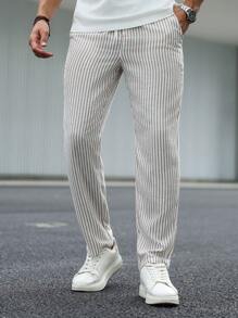 Manfinity Homme 男士条纹印花口袋抽绳腰时尚裤 - 卡其色 - 查看 5