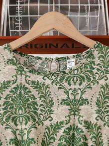 少女花卉图案盖袖腰线休闲迷你连衣裙，适合节日、休闲、日常穿着 - 綠色 - 查看 3