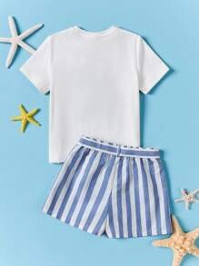 SHEIN Tween Girl Cartoon Graphic Bow Front Tee & Striped Shorts - Blue and White - View 2