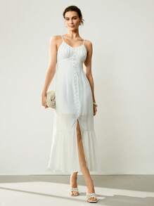 Uhlyne Casual Commute Vacation Textured Crinkle Fabric Ruched Bodice Split Midi Dress - White - View 6