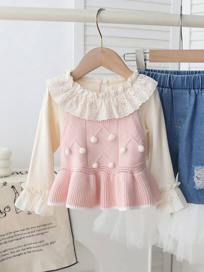 Baby Girls' Sleeveless Sweaters, Elegant Fashion Crochet Pom Pom Ruffled Knit Tops, Suitable For Indoor, Outdoor, Vacation, Spring/Summer, Pink Color, Versatile
