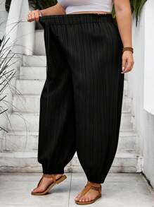 SHEIN CURVE+ 大码休闲纯色抽绳及踝长裤 - 黑色 - 查看 7