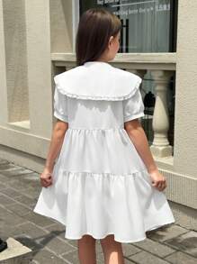 青少年女孩休闲甜美纯色彼得潘领荷叶边下摆短款连衣裙夏季太阳裙 - 白色 - 查看 2