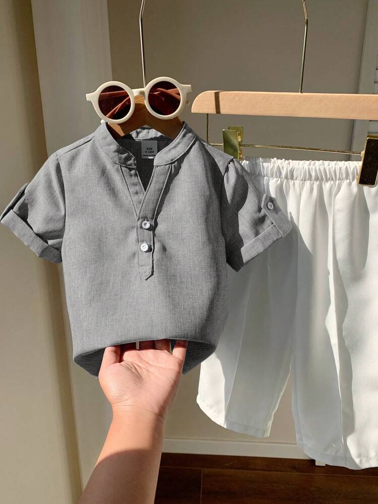 SHEIN LMoss Kids 2件套年轻男童休闲纯色立领短袖衬衫+直筒裤 - 灰色 - 查看 5