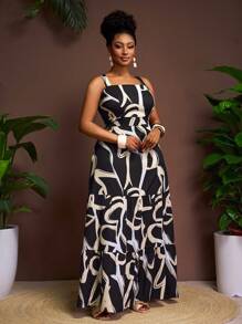 Veslaya 大码休闲基本款海滩优雅黑白抽象印花细肩带连衣裙 - 黑與白 - 查看 4