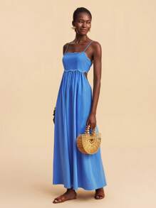 Travachic Resort Casual Embroidered Blue Solid Color Spaghetti Strap Dress ,  Sweetheart Neckline Bustier Dress ,Blue Vacation Dress,Suitable For Holiday , Afternoon Tea, Wedding Season, Beach Cruise Vacation, City Road Trip Vacation, Boho Vacation, Music Festival , Beachwear, Easter, Beach Outfits For Woman, Elegant Dress For Women, Vacation Outfits Women, Concert Outfit Women, Tropical Vacation Woman Clothes, Holiday Outfits, Bohemian Clothes,For Spring Sunmmer And Autumn