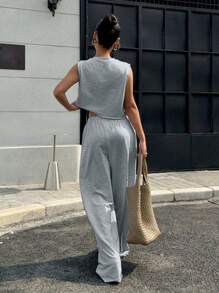 SHEIN EZwear Women's Casual Crew Neck Sleeveless Loose Cropped Tank Top And Straight Leg Pants Set, Suitable For Summer, Everyday Wear Fall Clothes Winter Clothes - Light Grey - View 2