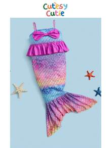 SHEIN Young Girl Fish Scales Print Bow Front Mermaid Tail Dress