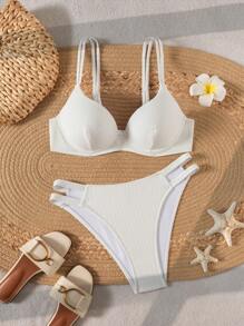 Swim Basics 2pcs/Set Women Push Up Simple Solid Color Textured Fabric Spaghetti Strap Bikini Swimwear Sets, Beach Summer Outfits - White - View 4
