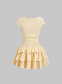 Sweetra Ärmelloses gelbes Minikleid mit gestaffeltem Rocksaum - Gelb - Übersicht 2