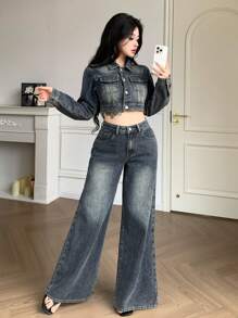 DAZY 2 Stücke Damen Retro Gewaschen Denim Jacke & Weite Hose Set, Lässiger Loose Streetwear Outfit, Herbst/Frühling, Damen Kleidung