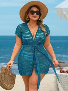 Swim Lushoire كيمونو معتق منسوج أنيق وكاجوال مزود بحزام للنساء، مناسب للعطلات - أخضر - مشاهدة 5