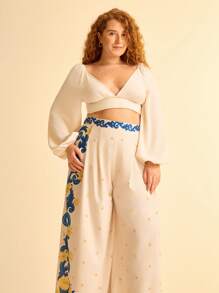 CAJUNI Plus Size Women's Holiday Style Tropical Floral Print Beige Loose Casual Pants For Summer