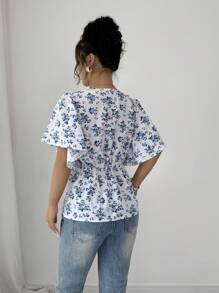 SHEIN Tall Women's Elegant Fitted Blouse With Deep V-Neck, Asymmetric Ruffle, Bell Sleeves And Blue Rose Floral Print On White Background, Suitable For Spring/Summer