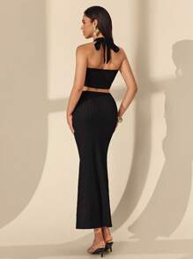 Almamuse Women's Casual Textured Halter Top And Skirt 2-Piece Set - Black - View 2