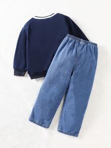 2pcs Young Boys' Colorblock High Neck Sweatshirt With Embroidery & Loose Fit Jogger Pants Set, Warm Fleece Lining, Casual Retro College Style Outfit For School, Graduation Season