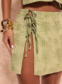 SHEIN BAE Váy mini xẻ tà thêu họa tiết chéo thời trang mùa hè cho nữ - màu xanh lá - Xem 5