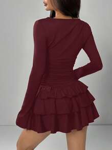 SHEIN EZwear 女士优雅酒红色荷叶边下摆长袖连衣裙