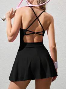 CourtClass 女士优雅工字背心无袖运动连衣裙 - 黑色 - 查看 2