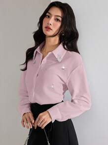 Heiryn Women's Rhinestone Decor Drop Shoulder Long Sleeve Single-Breasted Elegant Blouse - Pink - View 6