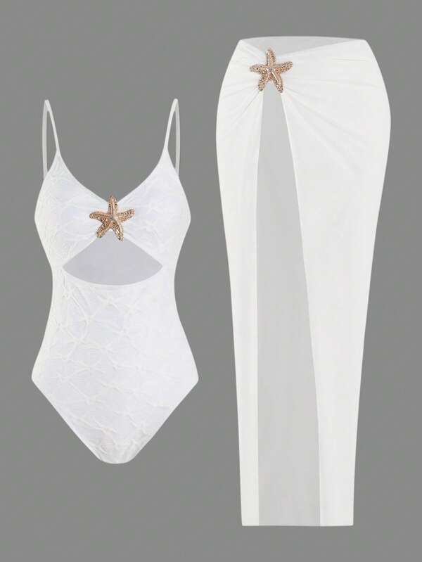 Ensemble de 2 pièces pour adolescentes : Maillot de bain une pièce avec décoration métallique évidée et longue robe de plage pour station balnéaire, couleur unie d'été