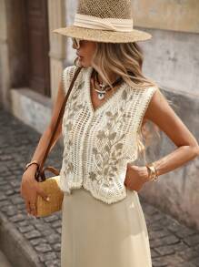 Brillora Floral Pattern Open Front Sweater Vest In Fall/Winter - Beige - View 7