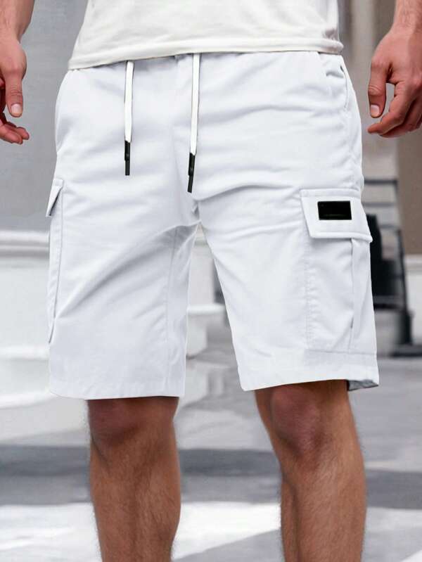 Manfinity Homme Men's Summer Casual Street Solid Color Drawstring Elastic Waist Flap Pocket Cargo Shorts Mens White Cargo Shorts Mens Shorts With Pockets Mens Drawstring Shorts White Shorts Men Mens Casual Shorts.A Great Gift For A Boyfriend Or Husband.